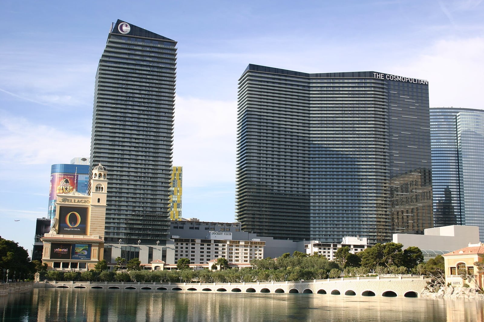 The Cosmopolitan towers viewed across the Bellagio lake on the Las Vegas Strip